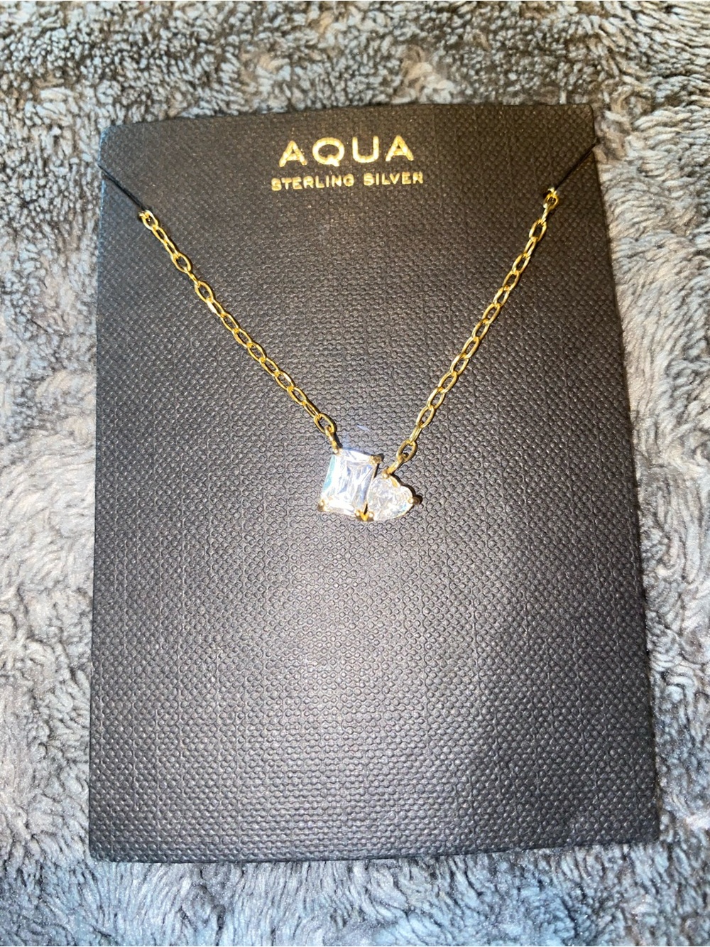 Aqua Gold Heart & Square Clear Crystal Pendant Necklace